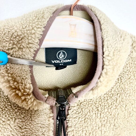 VOLCOM Mens Muzzer Fuzzar Fleece High Pile Zip-Up Jacket Size Medium Khaki Tan - Picture 8 of 8